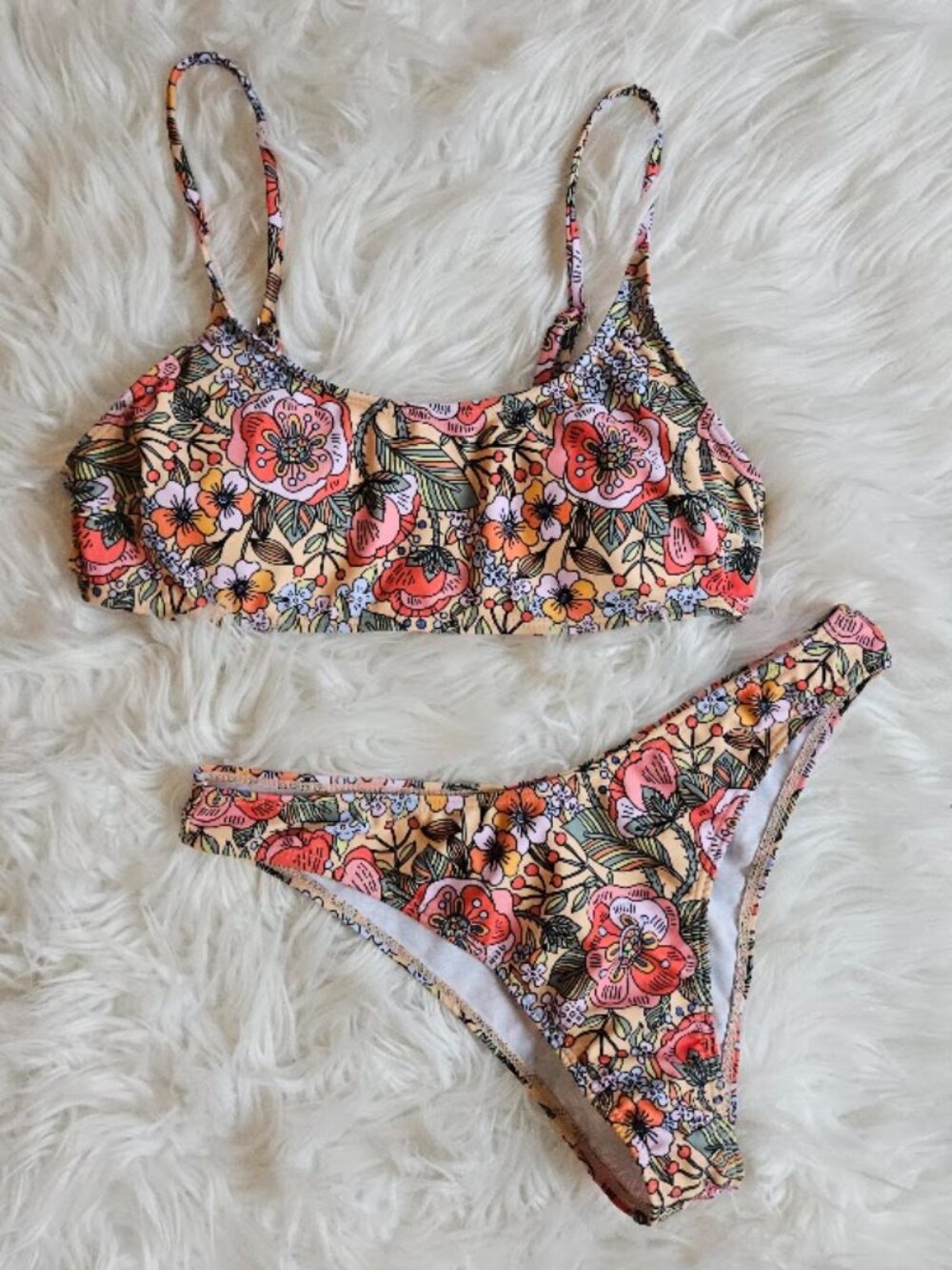 Shein yellow floral cottagecore boho bikini swimsuit bathing suit groovy floral